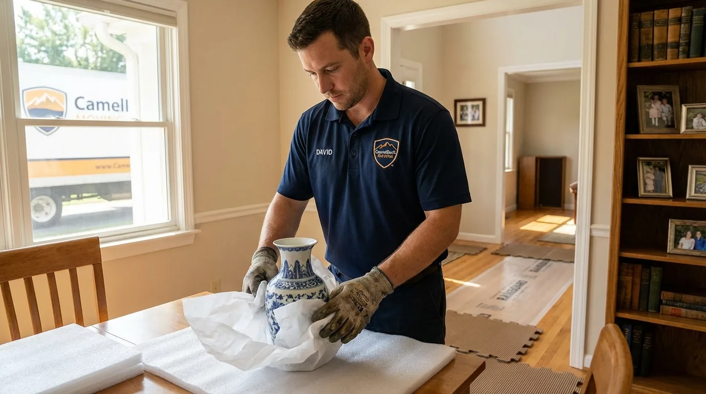 Professional crew carefully wrapping antique vase for senior downsizing move in Alabaster, AL